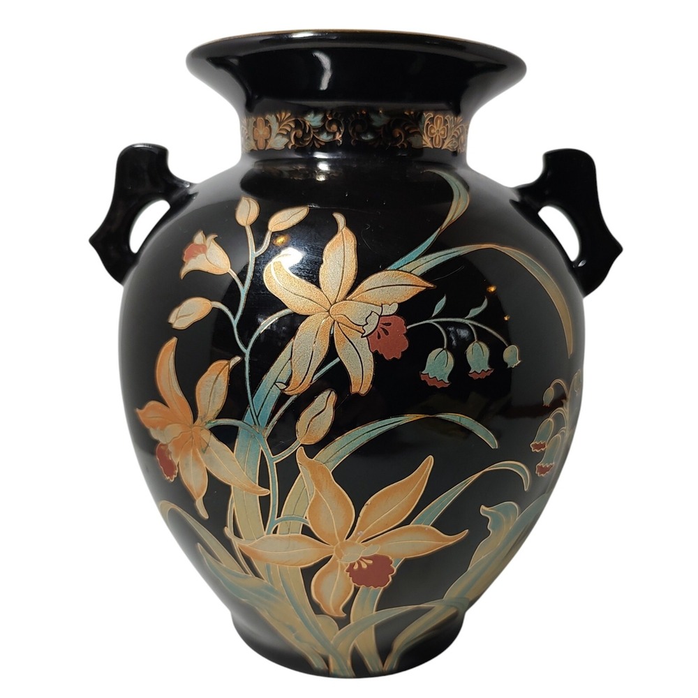 Vintage Japanese Porcelain Ginger Jar‎ Urn Vase Eight Inches Tall Black Floral